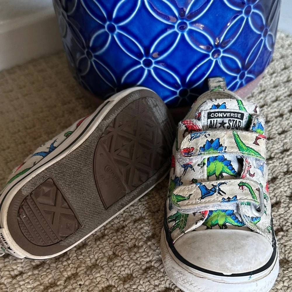 Converse Kids White Sneakers with Blue & Green Dino Print